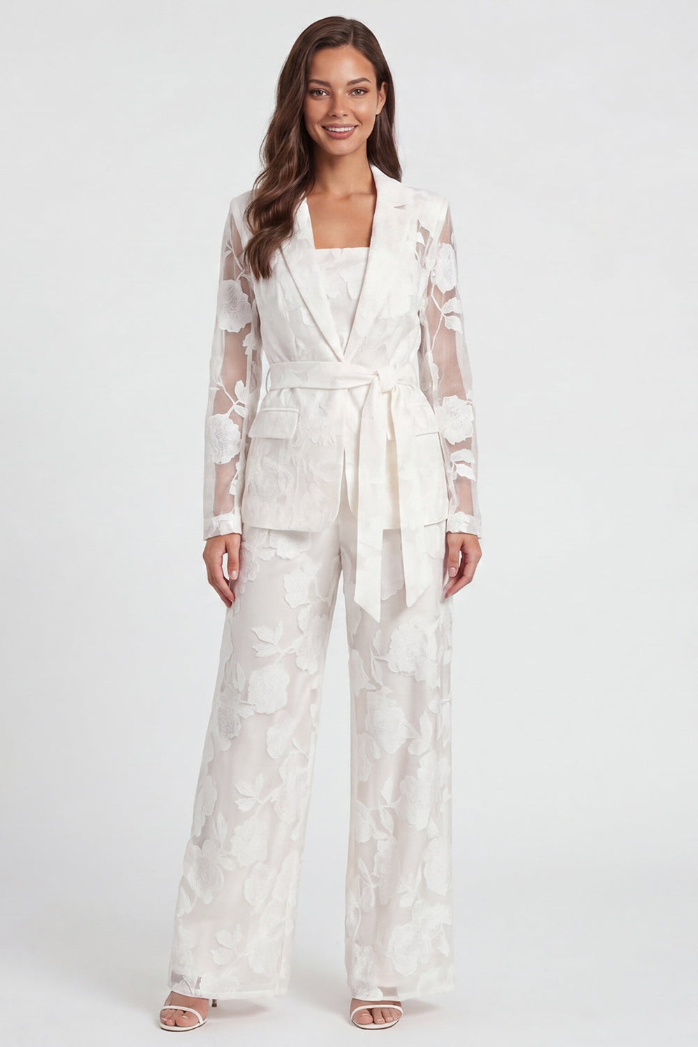 Notched Lapel 2 Piece Floral Ivory Women's Suits