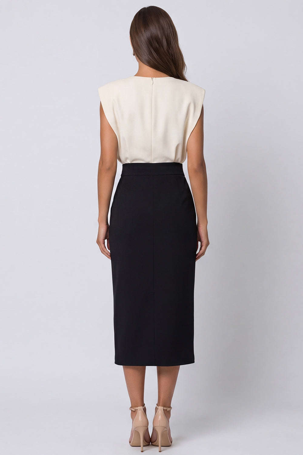 Ivory and Black Round Neck Midi Work Dress with Slit