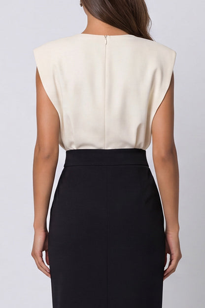 Ivory and Black Round Neck Midi Work Dress with Slit