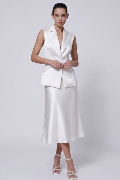 Ivory Peaked Lapel 2 Piece Satin A Line Midi Work Dress