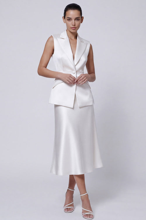 Ivory Peaked Lapel 2 Piece Satin A Line Midi Work Dress
