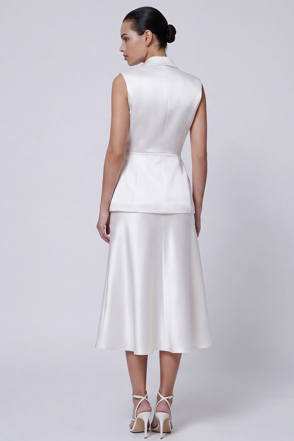Ivory Peaked Lapel 2 Piece Satin A Line Midi Work Dress
