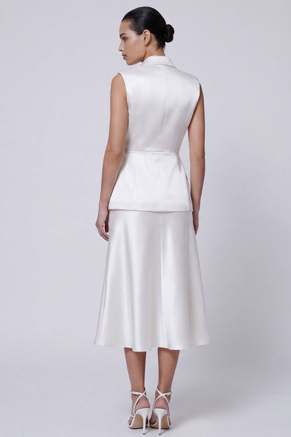 Ivory Peaked Lapel 2 Piece Satin A Line Midi Work Dress