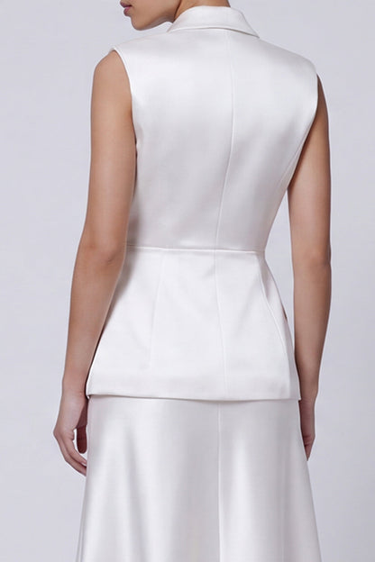 Ivory Peaked Lapel 2 Piece Satin A Line Midi Work Dress