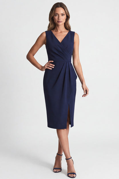 Navy Ruched Bodycon V Neck Midi Work Dress with Slit