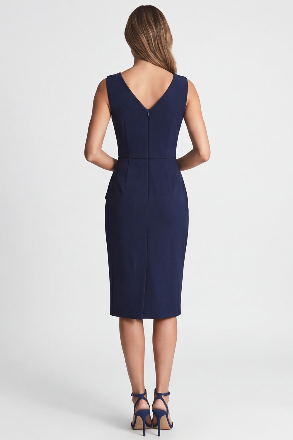 Navy Ruched Bodycon V Neck Midi Work Dress with Slit