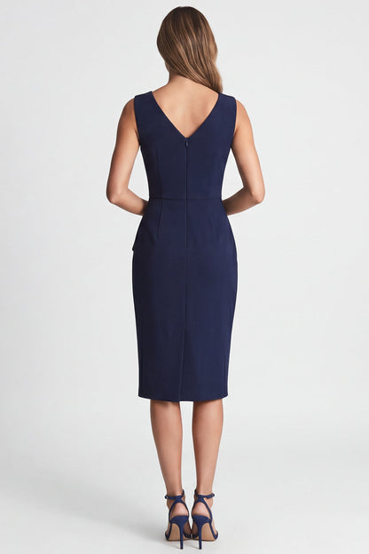 Navy Ruched Bodycon V Neck Midi Work Dress with Slit