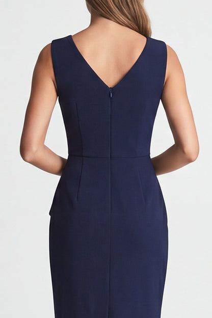 Navy Ruched Bodycon V Neck Midi Work Dress with Slit