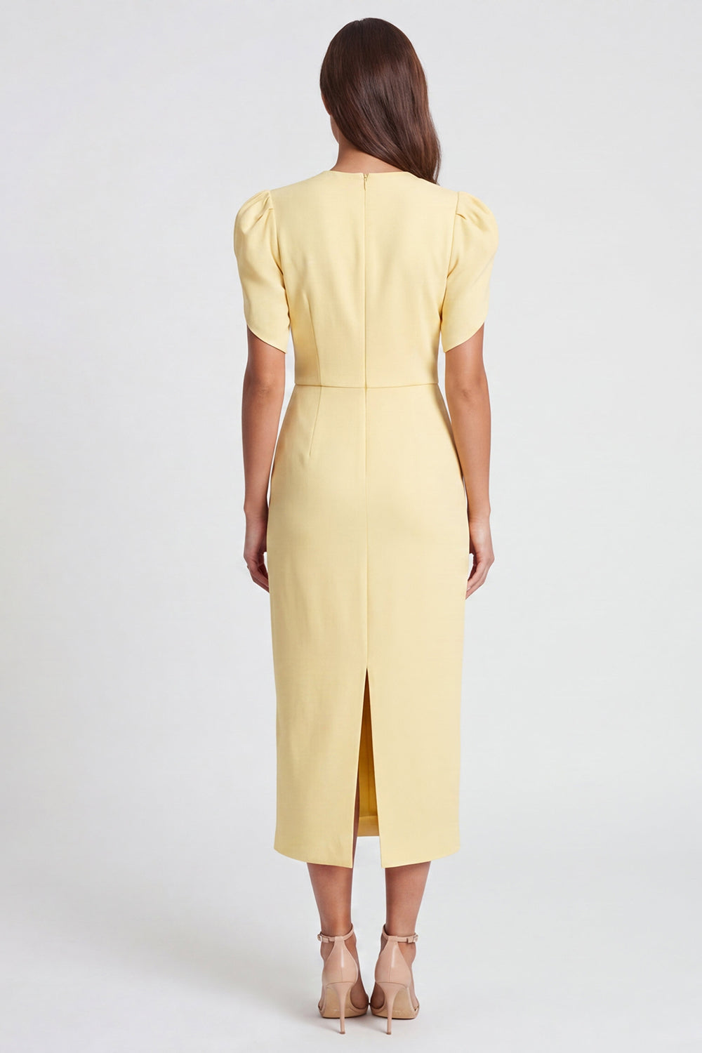 Light Yellow Sheath V Neck Ruched Midi Work Dress