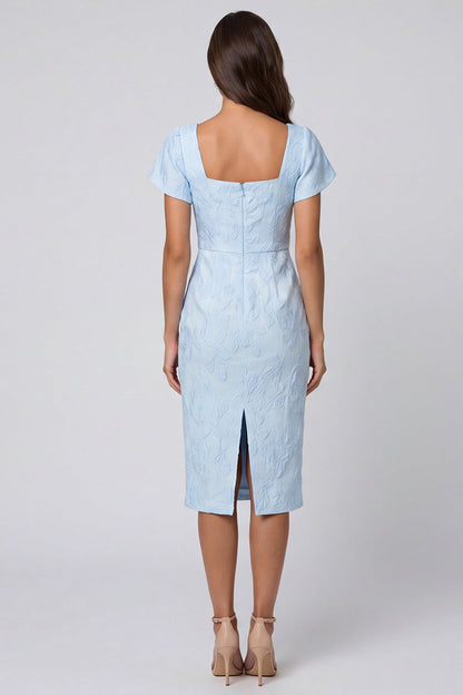 Suqare Neck Sky Blue Brocade Sheath Midi Work Dress