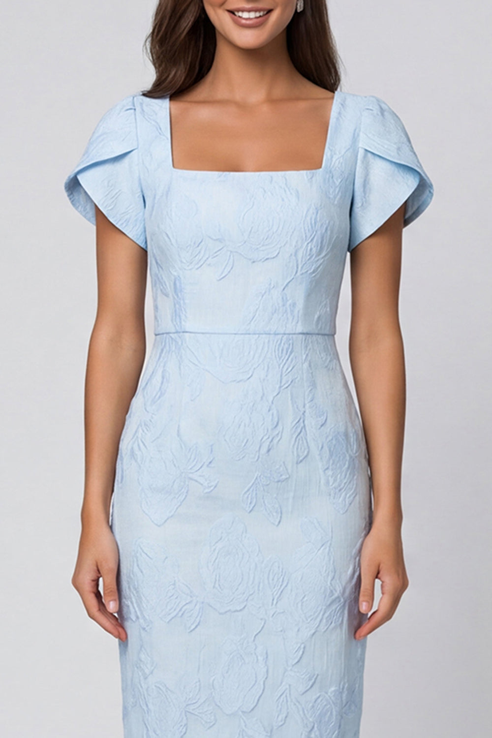 Suqare Neck Sky Blue Brocade Sheath Midi Work Dress
