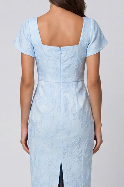 Suqare Neck Sky Blue Brocade Sheath Midi Work Dress