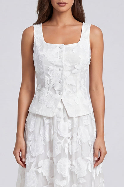 Ivory Floral Square Neck Single Breasted A Line 2-piece Work Dress