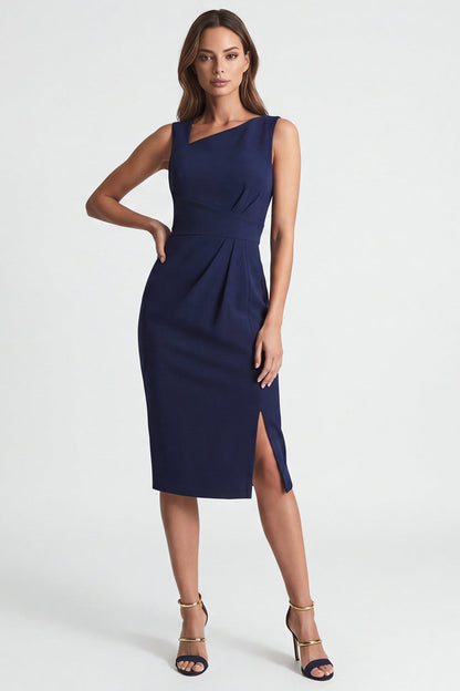 Navy Asymmetric Neck Sheath Midi Work Dress with Slit