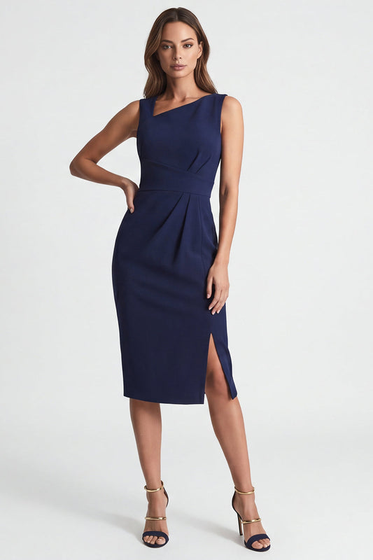 Navy Asymmetric Neck Sheath Midi Work Dress with Slit