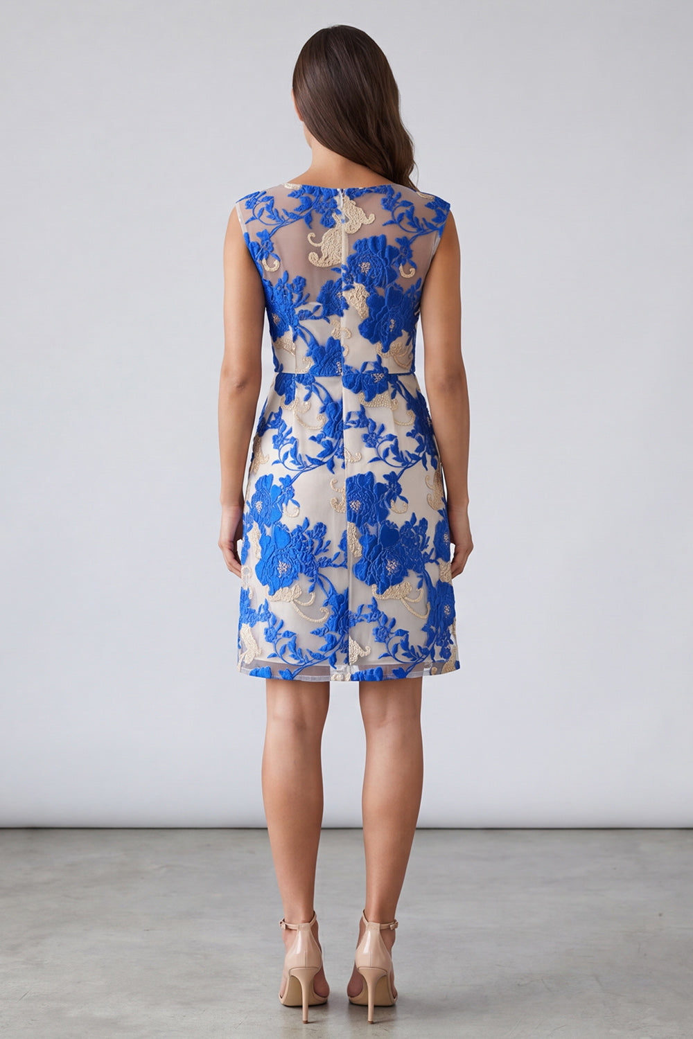 Blue Floral Square Neck Sheath Short Work Dress
