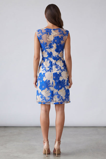 Blue Floral Square Neck Sheath Short Work Dress